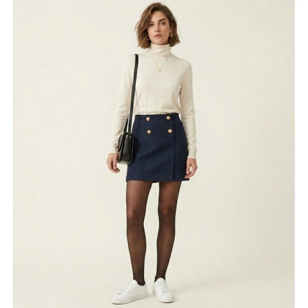 Loft Ann Taylor Navy Blue Tweed Gold Buttons Mini Pencil Skirt Lined Size 6